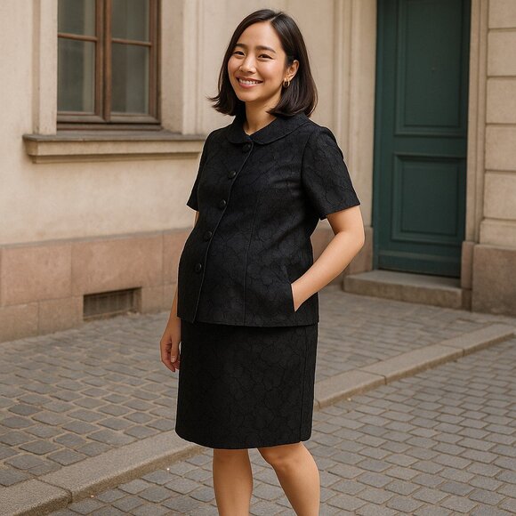 Lady in Waiting Black Floral Jacquard Maternity Two Piece Set with Apron Panel - Picture 1 of 10